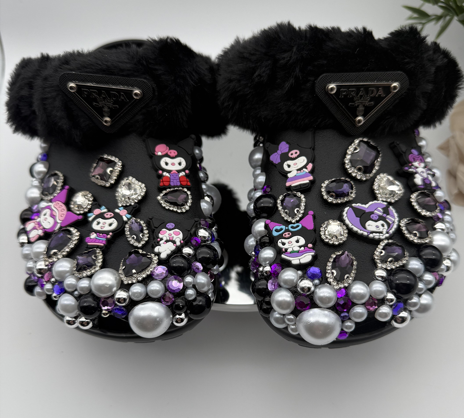Black-Faux-Fur-&-Pearl-Bling-Custom-Clog Black-Faux-Fur-&-Pearl-Bling-Custom-Clog