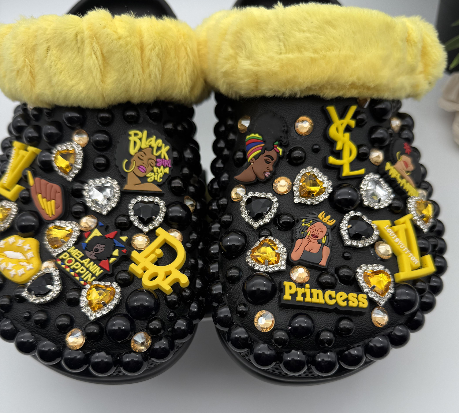 Black-&-Yellow-Faux-Fur-Princess-Bling-Slides Black-&-Yellow-Faux-Fur-Princess-Bling-Slides