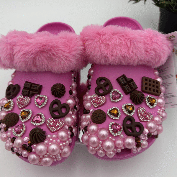 Fuzzy Pink Chocolate Treat Bling Clogs