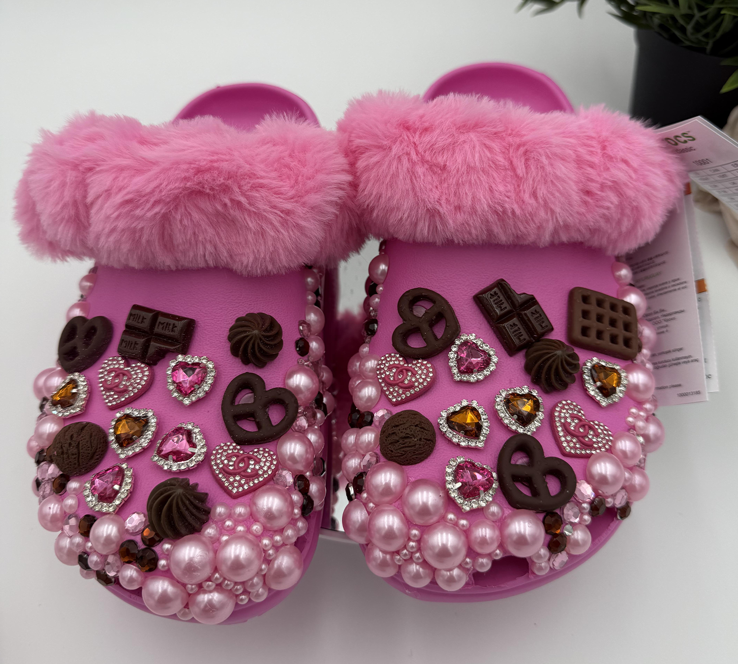 Fuzzy-Pink-Chocolate-Treat-Bling-Clogs Fuzzy-Pink-Chocolate-Treat-Bling-Clogs