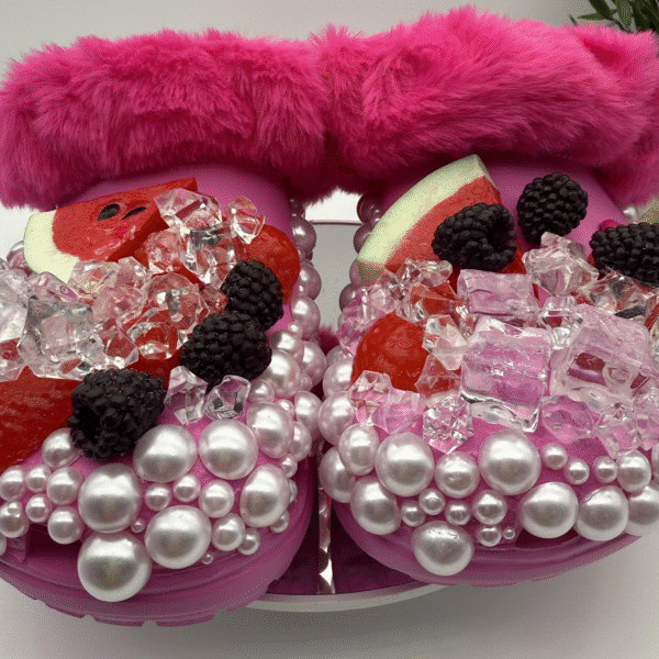 Fuzzy Pink Fruit & Pearl Bling Clogs