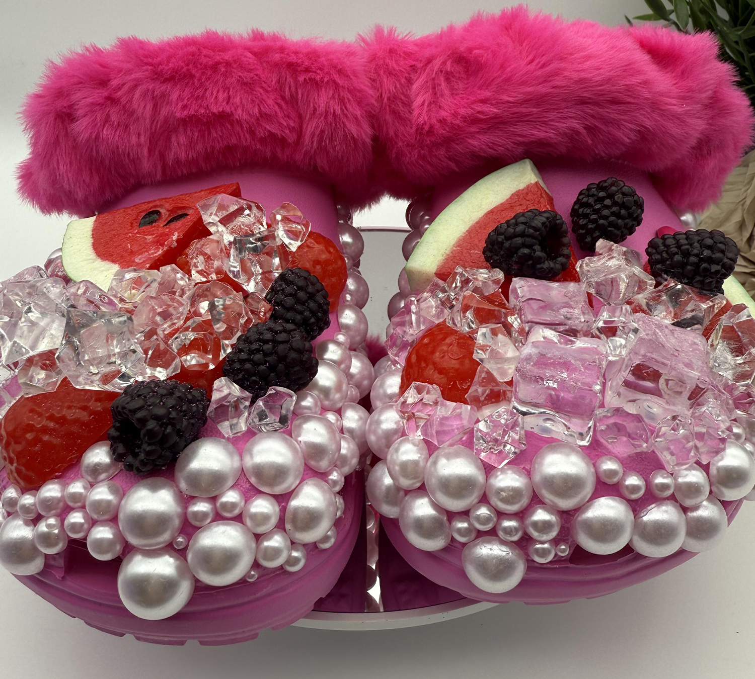 Fuzzy-Pink-Fruit-&-Pearl-Bling-Clogs