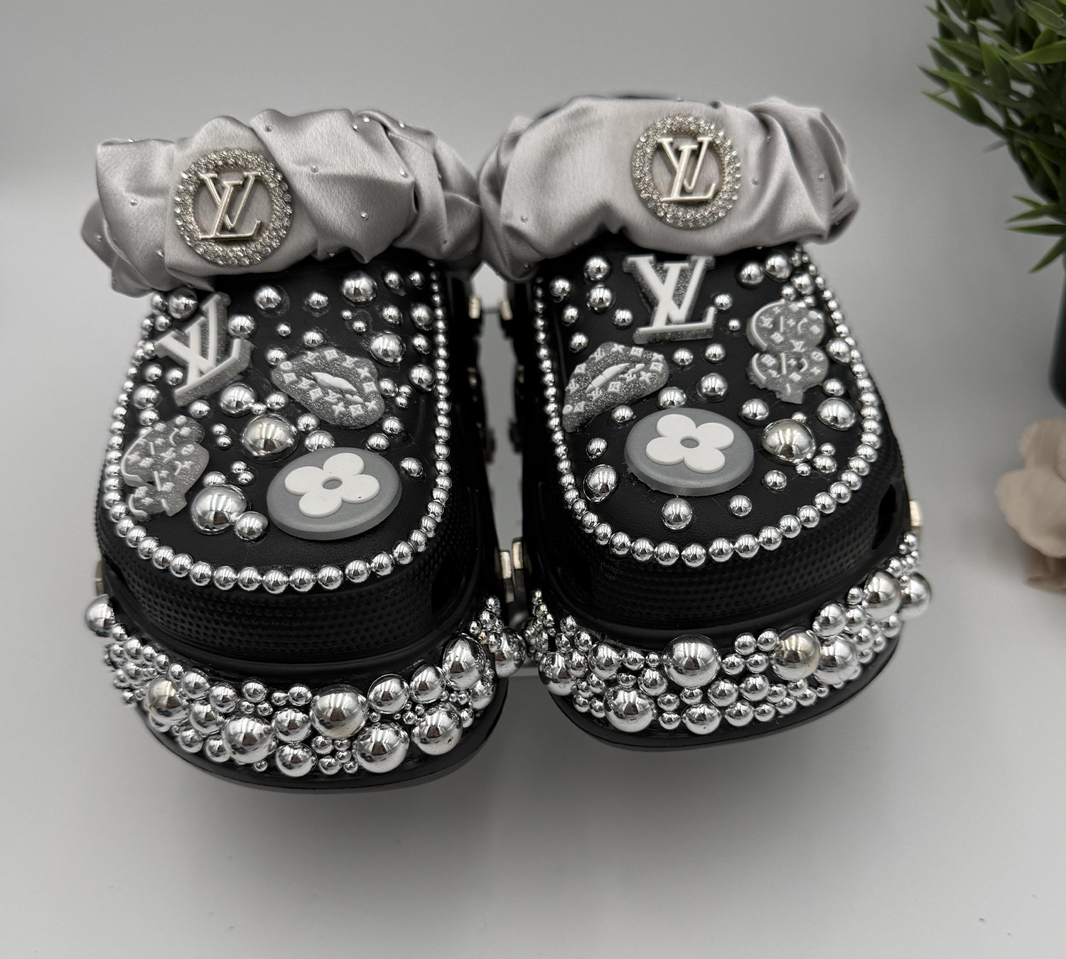 Luxury-Silver-&-Pearl-Custom-Black-Clogs Luxury-Silver-&-Pearl-Custom-Black-Clogs