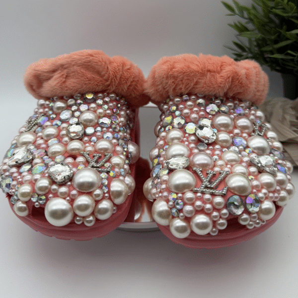 Peach Fuzz Pearl Bling Faux Fur Clogs