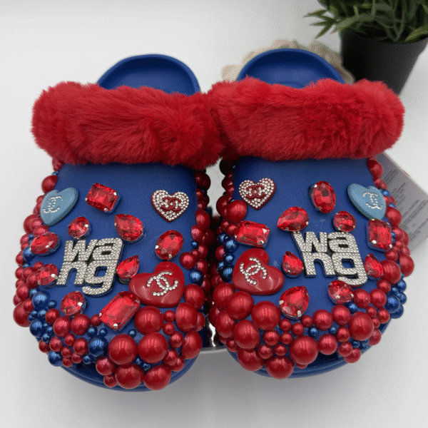 Red & Blue Pearl Bling Faux Fur Clogs