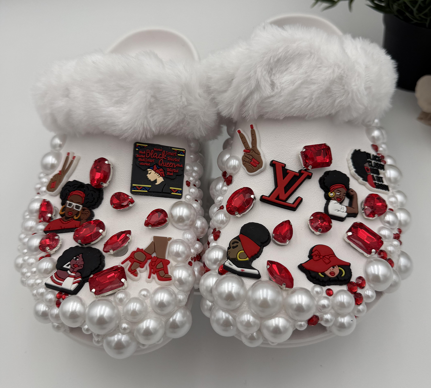White-Fur-Red-&-Black-Pearl-Bling-Clogs