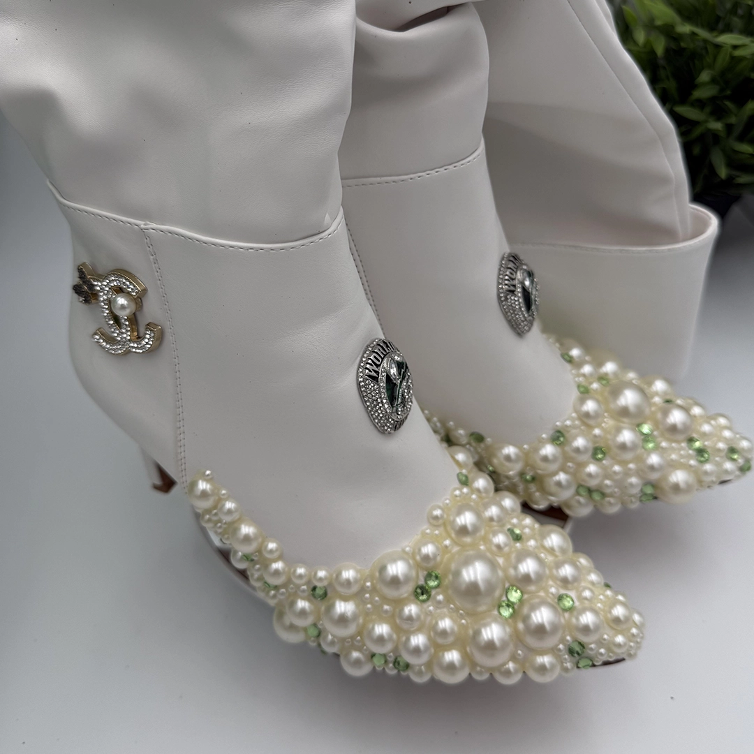 White Luxury Embellished Ankle Boots-WHIWHICR-163